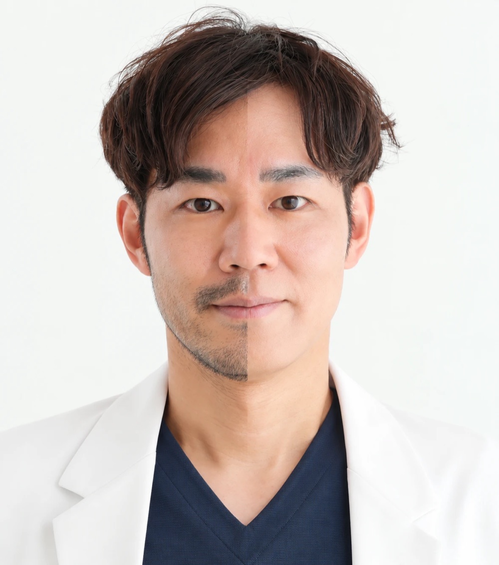 ヒゲ脱毛の施術前（左）と完了後（右）の比較：監修医・花房崇明自身の顔を左右で合成した写真