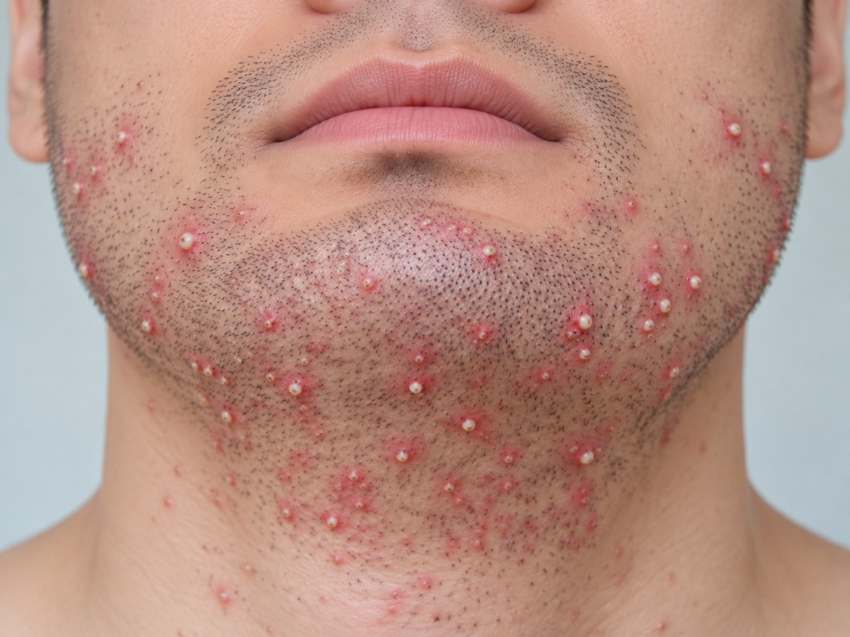 ヒゲ脱毛後の毛嚢炎のイメージ：あご周りの毛穴に一致して膿を持つ赤いブツブツがある男性